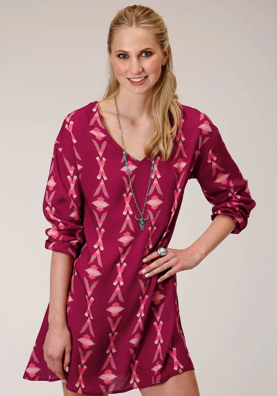 Dresses * | Roper Womens Wine Rayon/Nylon Aztec S/L Dolman Sleeve Dress