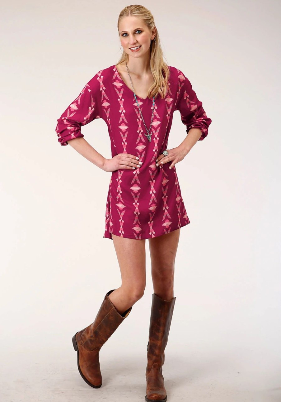 Dresses * | Roper Womens Wine Rayon/Nylon Aztec S/L Dolman Sleeve Dress