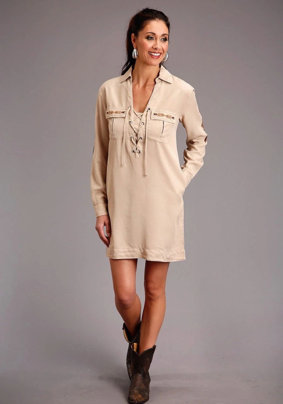 Dresses * | Stetson Womens Khaki Denim Safari-Style L/S Dress