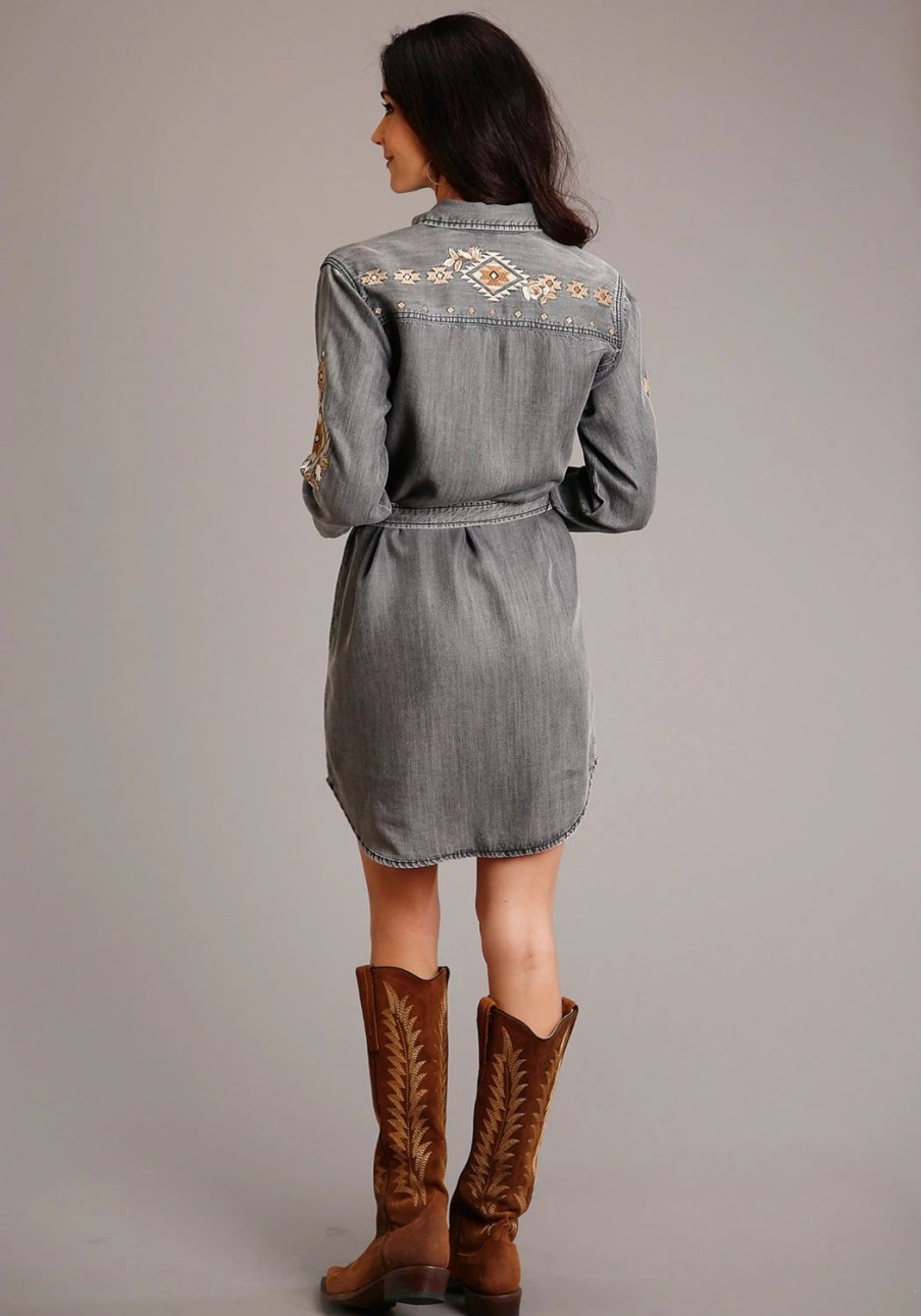 Dresses * | Stetson Womens Black Wash Denim Self Tie Snap L/S Western Dress