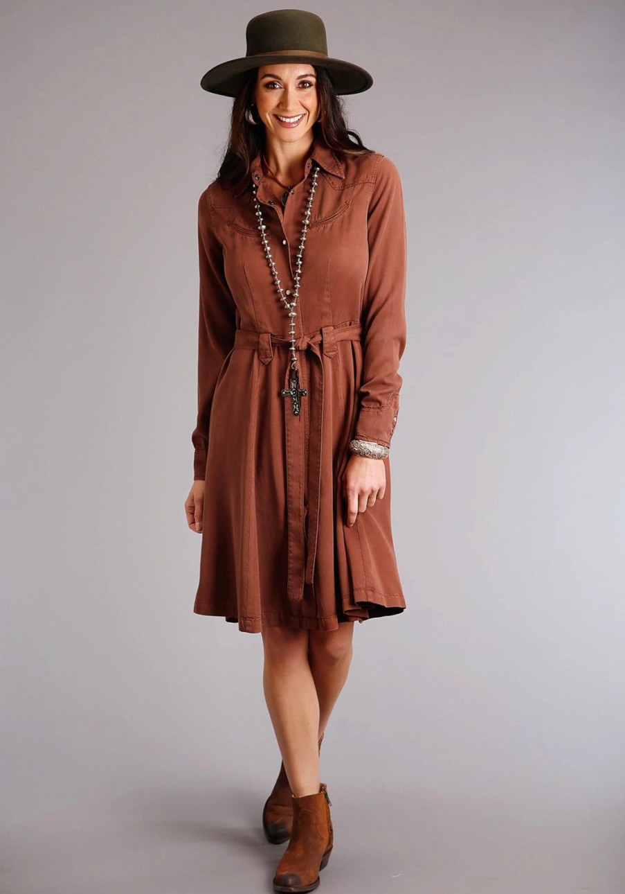 Dresses * | Stetson Womens Tobacco Denim Western Self Tie L/S Dress