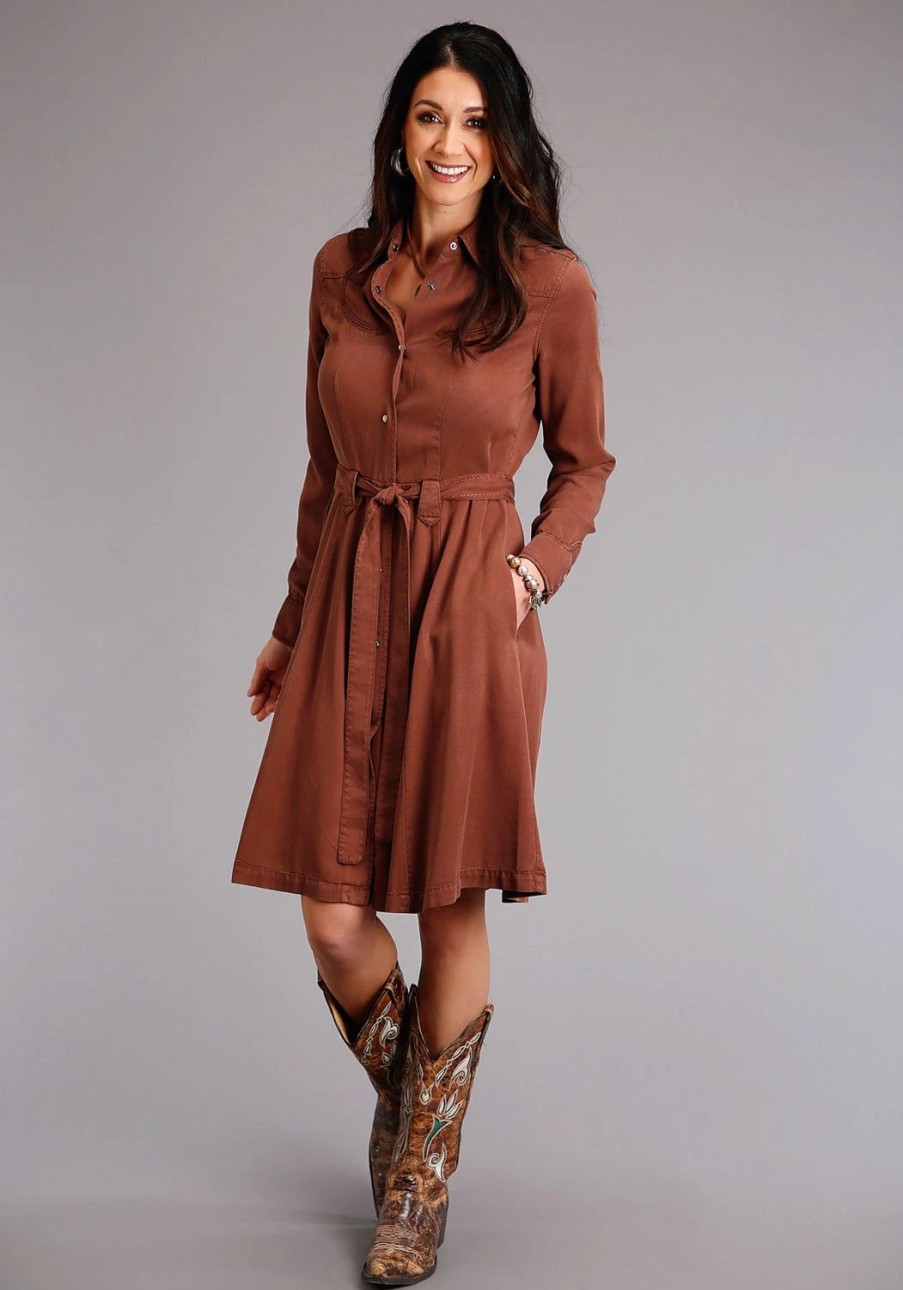 Dresses * | Stetson Womens Tobacco Denim Western Self Tie L/S Dress