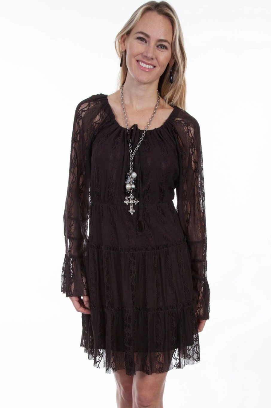 Dresses * | Scully Womens Chocolate Polyester Innocent Lace L/S Dress