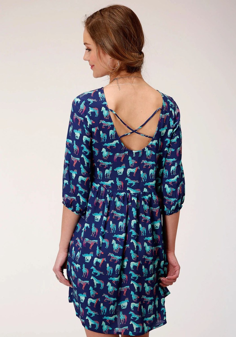 Dresses * | Roper Womens Blue Rayon/Nylon Wild Horse S/S Dress