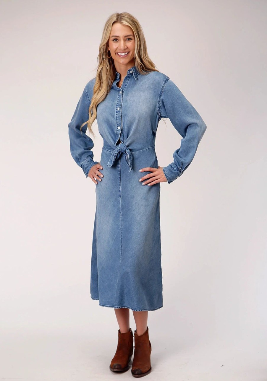 Dresses * | Stetson Womens Denim Denim Mid-Length L/S Tie Front Dress