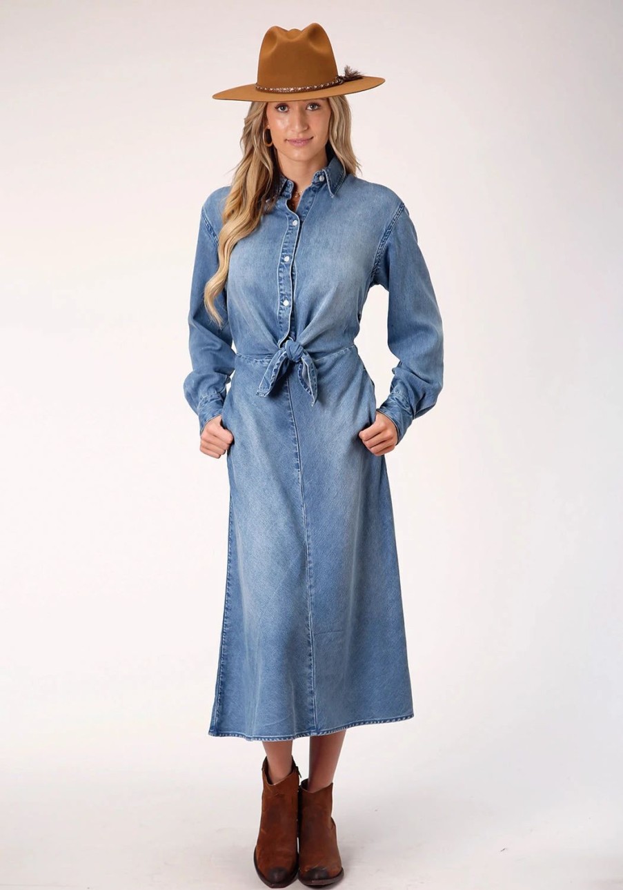 Dresses * | Stetson Womens Denim Denim Mid-Length L/S Tie Front Dress