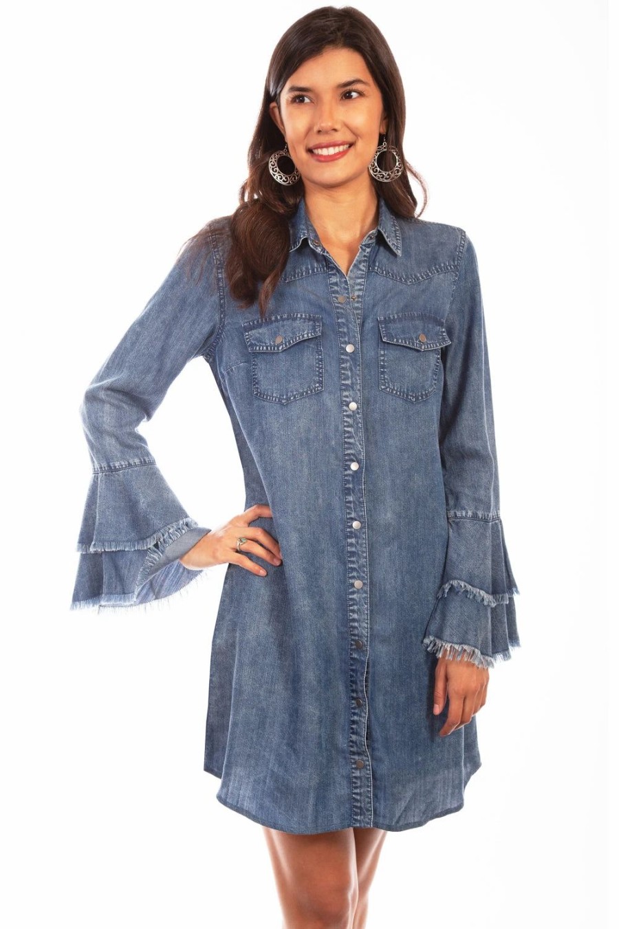 Dresses * | Scully Womens Denim 100% Cotton Western Shirt L/S Dress