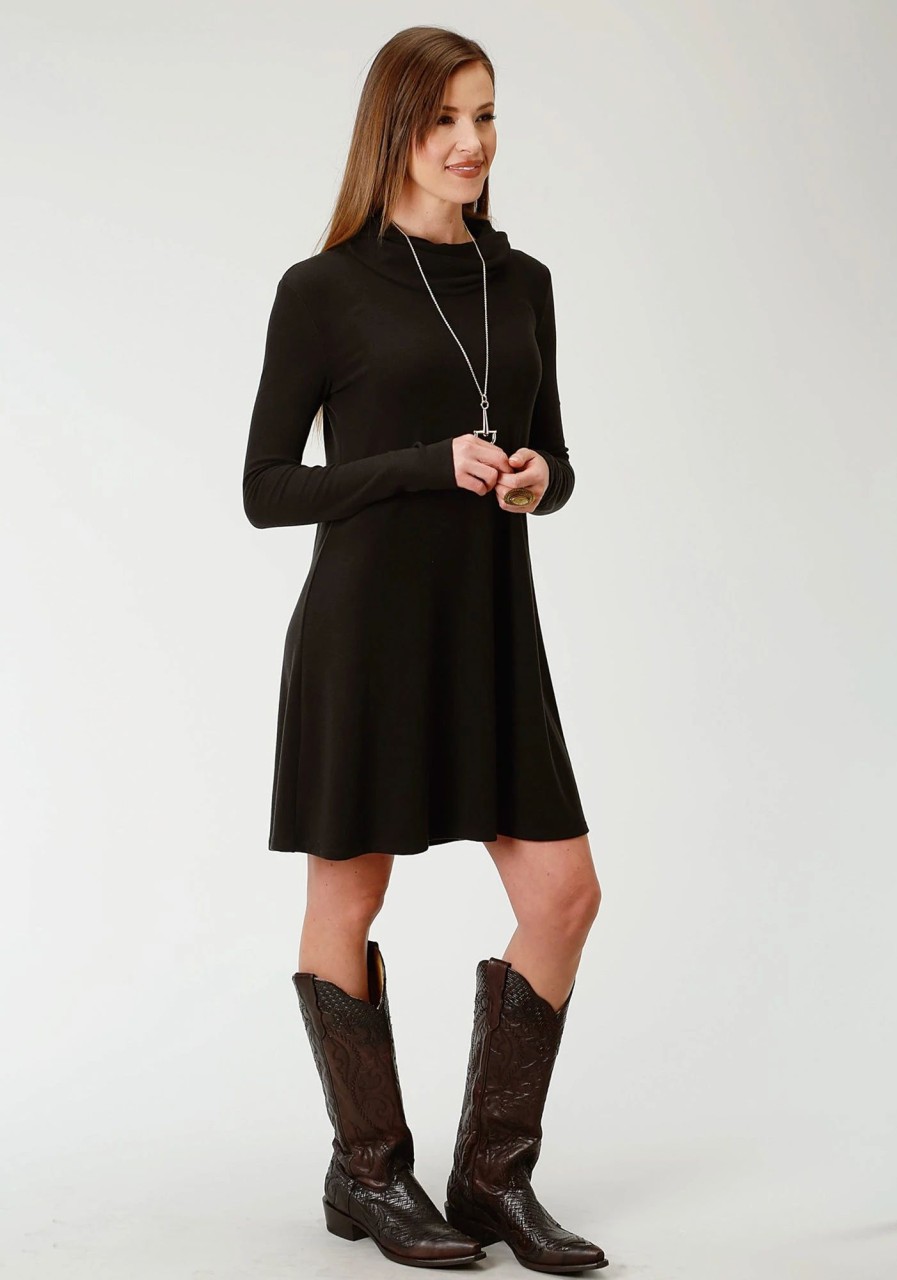 Dresses * | Roper Womens Black Poly/Rayon Cowl Neck L/S Rib Knit Dress