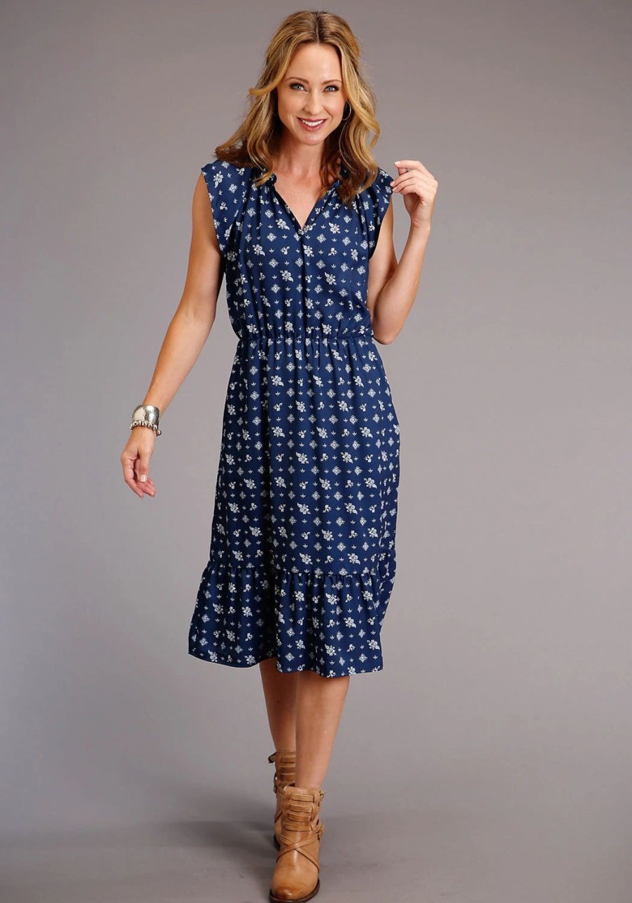 Dresses * | Stetson Womens Blue Rayon/Nylon Vintage Ditzy S/L Dress