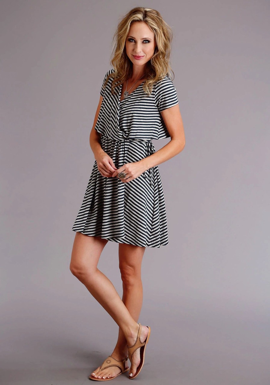 Dresses * | Stetson Womens Navy/White Rayon Striped Wrap S/S Dress