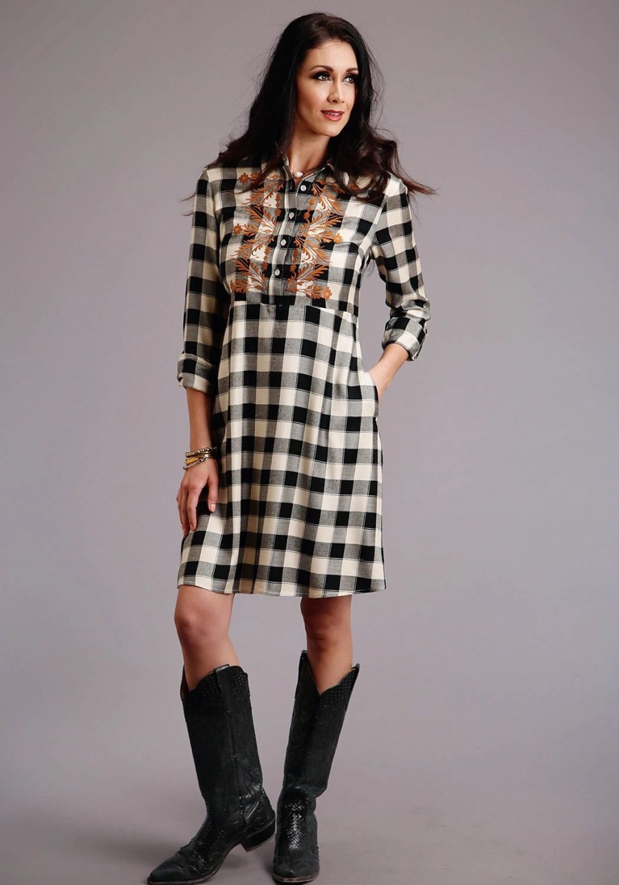 Dresses * | Stetson Womens Black Rayon/Nylon Buffalo Plaid L/S Dress