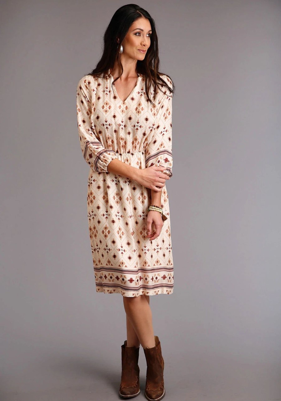 Dresses * | Stetson Womens Cream Rayon/Nylon Gaucho Border 3/4 Sleeve Dress