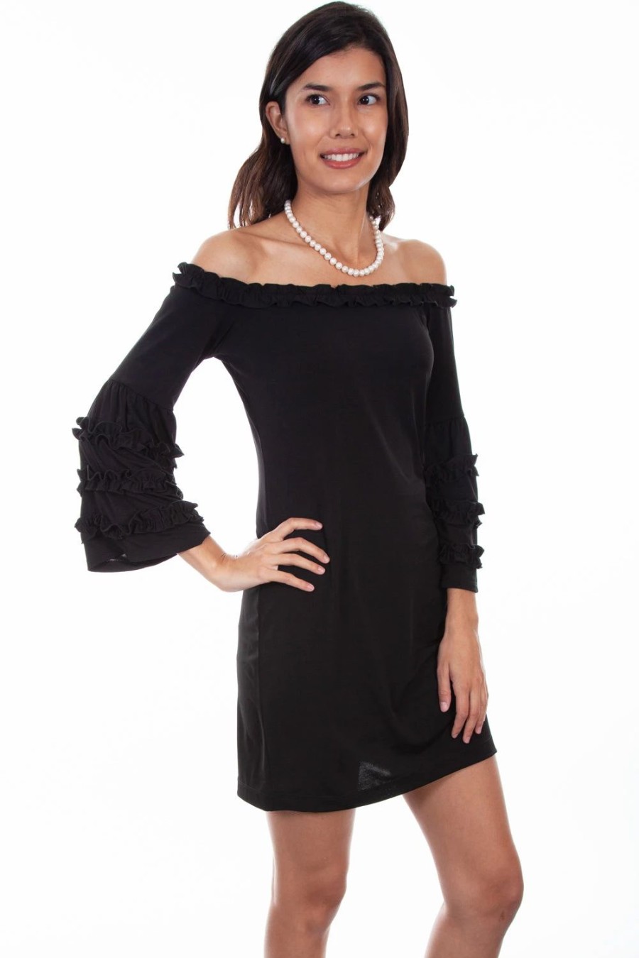 Dresses * | Scully Womens Black Polyester Ruffle L/S Dress