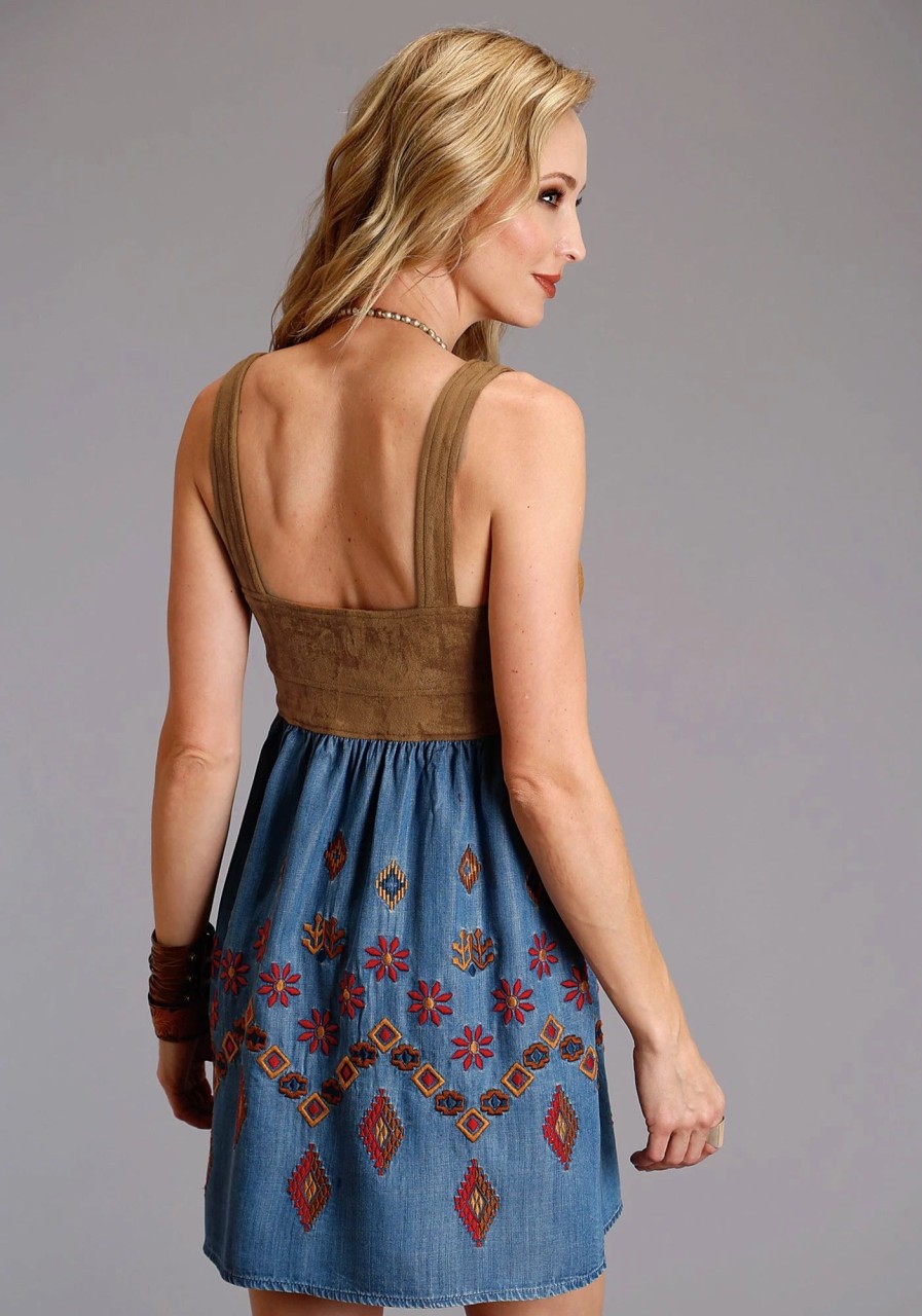 Dresses * | Stetson Womens Denim Blue Denim Faux Suede S/L Dress